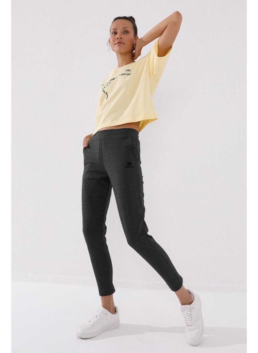 Anthracite Melange Women's Zippered Leg Pocket Standard Pattern Tracksuit Bottom-94246
