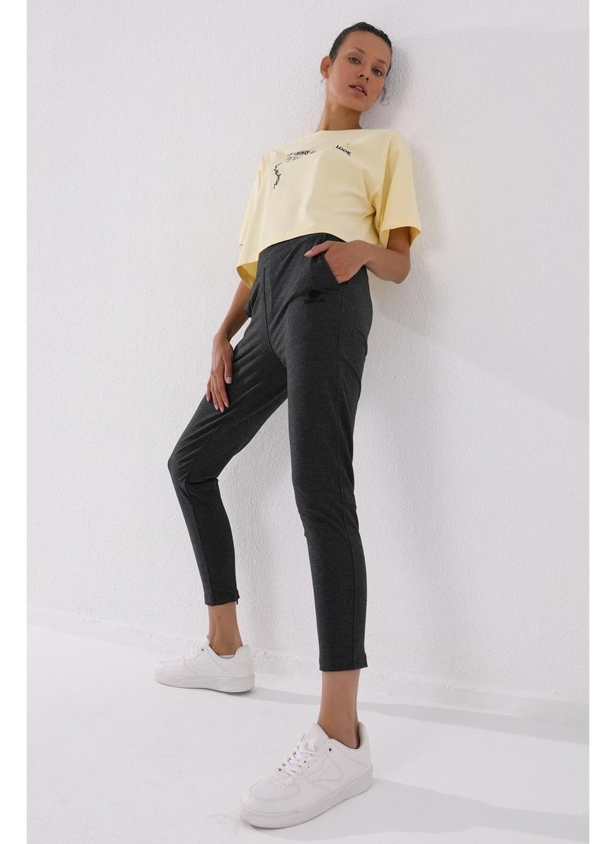 Anthracite Melange Women's Zippered Leg Pocket Standard Pattern Tracksuit Bottom-94246