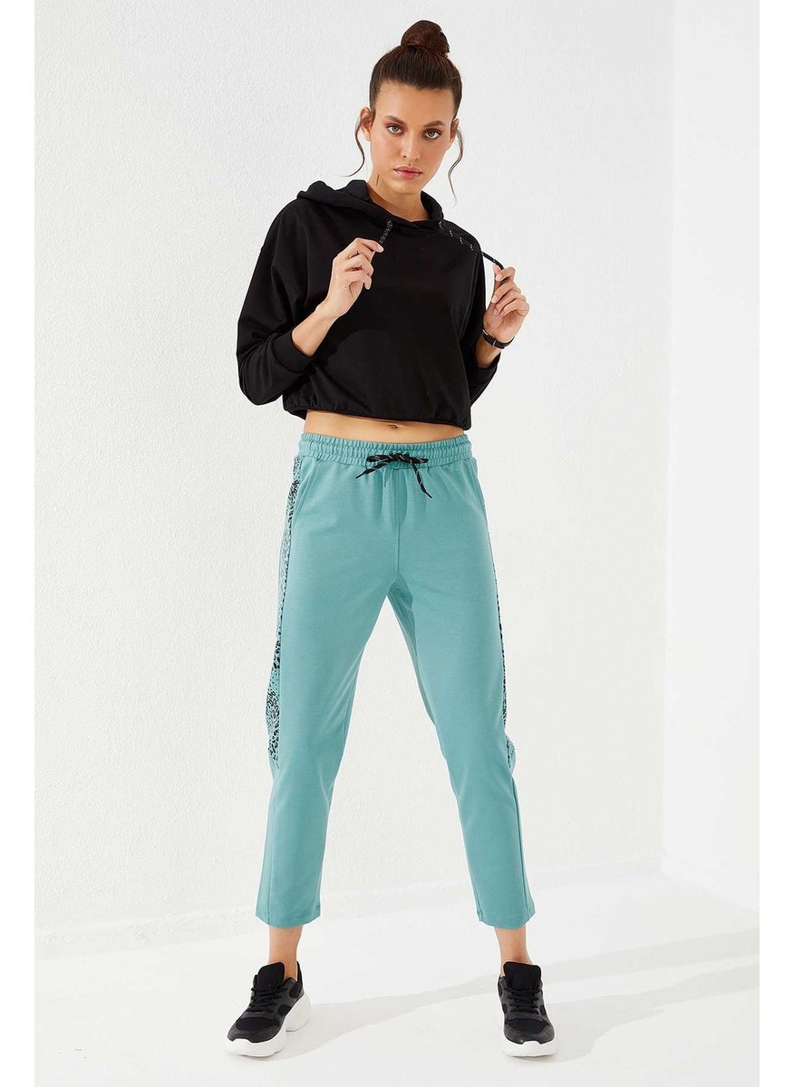 Mint Green Women's Leopard Patterned Side Slim Fit Skinny Leg Tracksuit Bottom-94572