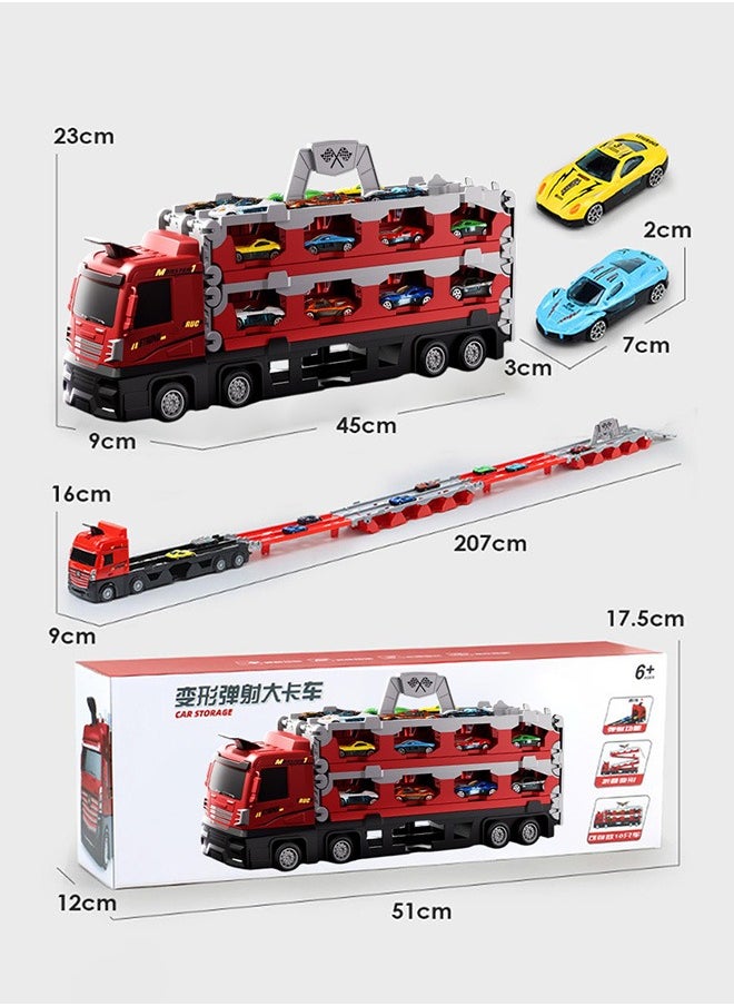 Mega Hauler Truck with Ejection Race Track, Big Truck 207cm Folding Storage Race Track Deformation Catapult Alloy Car, Transporter Truck Toy Set for Kids Gift with 24 Cars