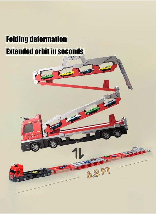 Mega Hauler Truck with Ejection Race Track, Big Truck 207cm Folding Storage Race Track Deformation Catapult Alloy Car, Transporter Truck Toy Set for Kids Gift with 24 Cars