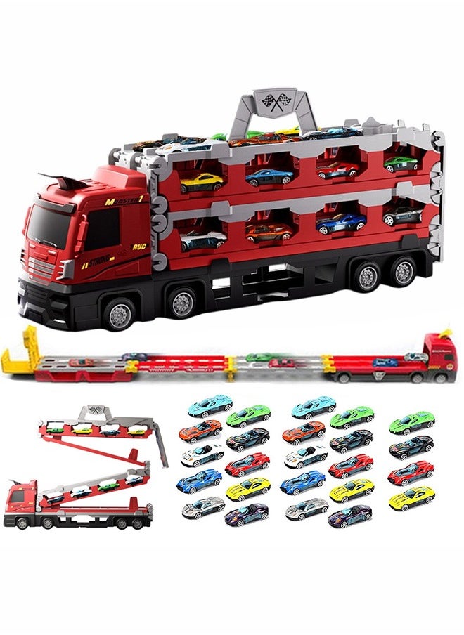 Mega Hauler Truck with Ejection Race Track, Big Truck 207cm Folding Storage Race Track Deformation Catapult Alloy Car, Transporter Truck Toy Set for Kids Gift with 24 Cars