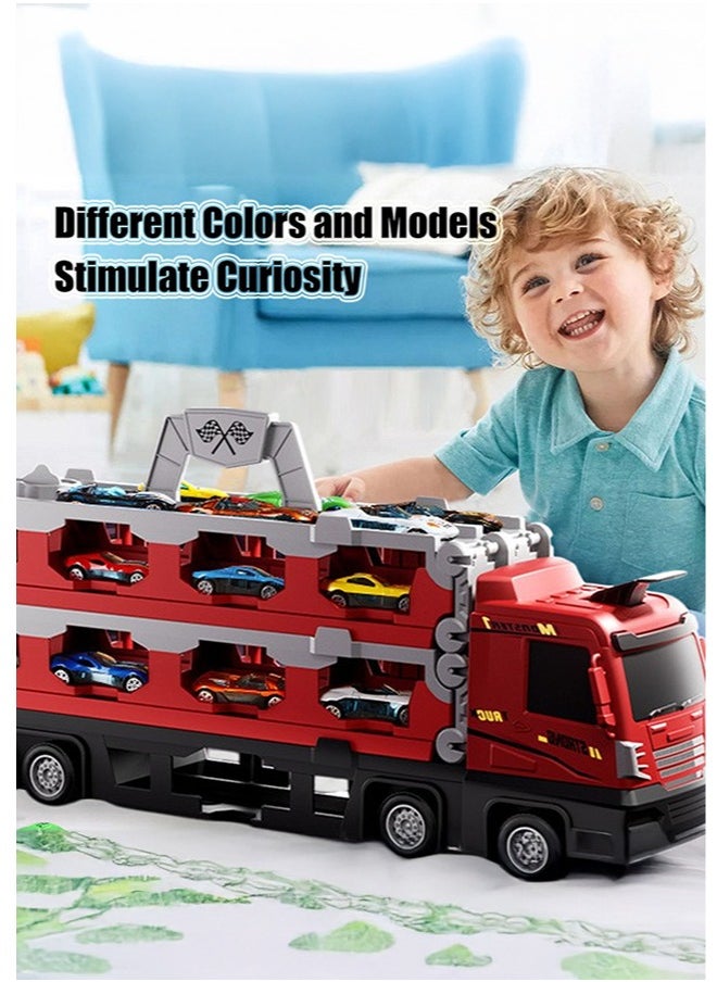 Mega Hauler Truck with Ejection Race Track, Big Truck 207cm Folding Storage Race Track Deformation Catapult Alloy Car, Transporter Truck Toy Set for Kids Gift with 24 Cars