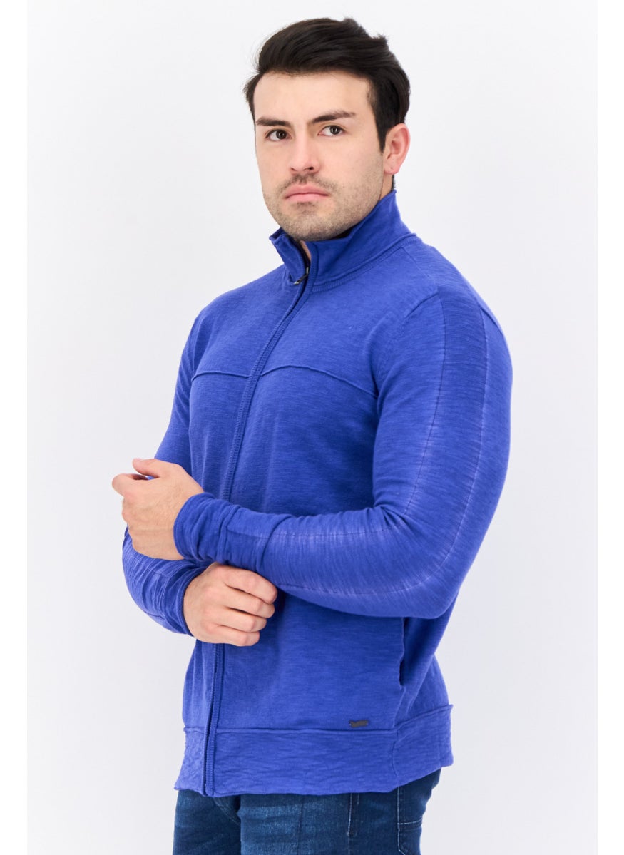 Men Full Zipper Knitted Long Sleeve Sweatshirt, Blue