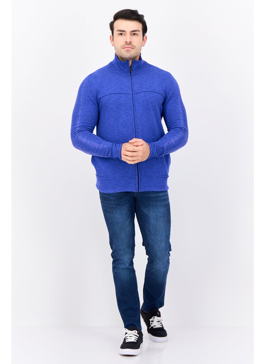Men Full Zipper Knitted Long Sleeve Sweatshirt, Blue