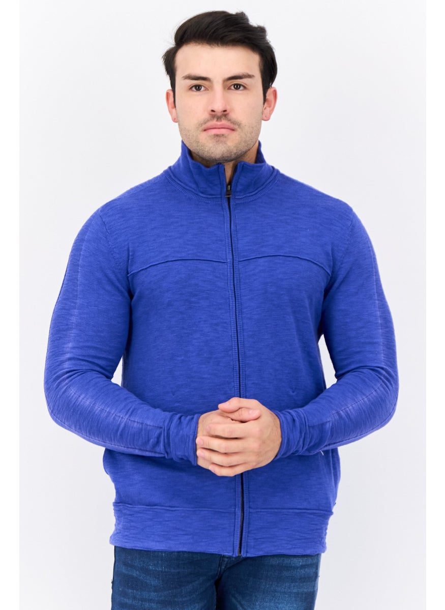 Men Full Zipper Knitted Long Sleeve Sweatshirt, Blue