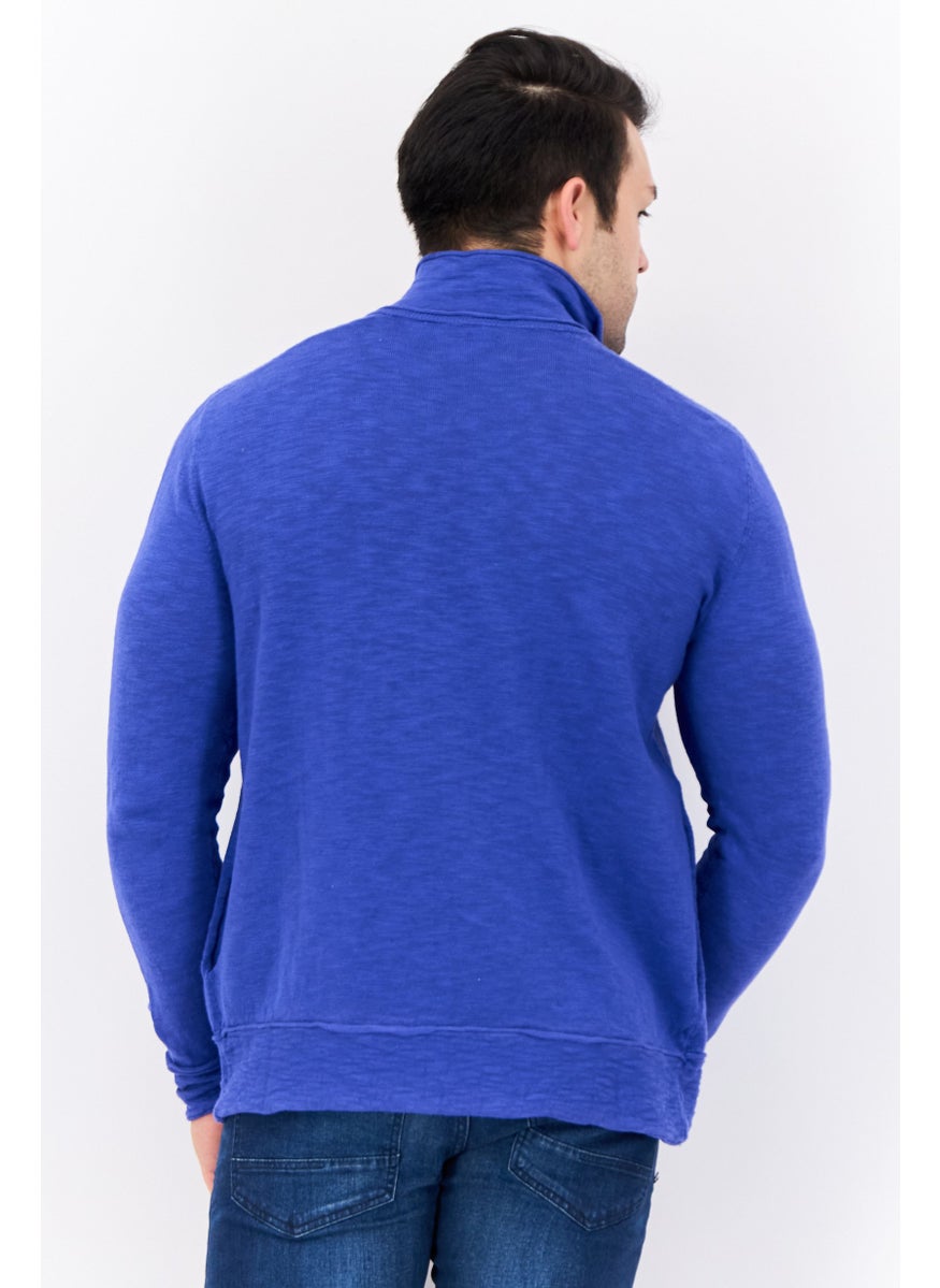 Men Full Zipper Knitted Long Sleeve Sweatshirt, Blue