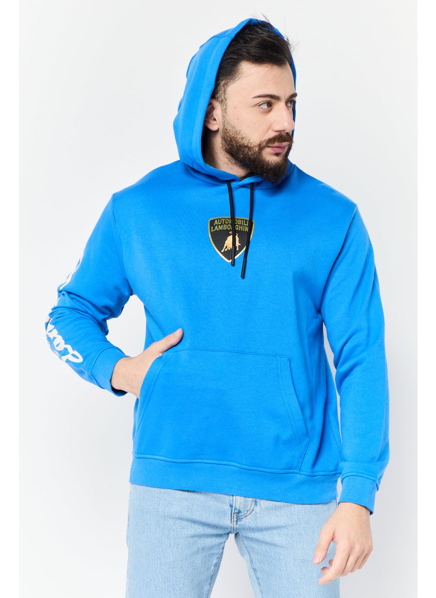 Men Brand Logo Long Sleeves Kangaroo Pocket Hoodie, Blue