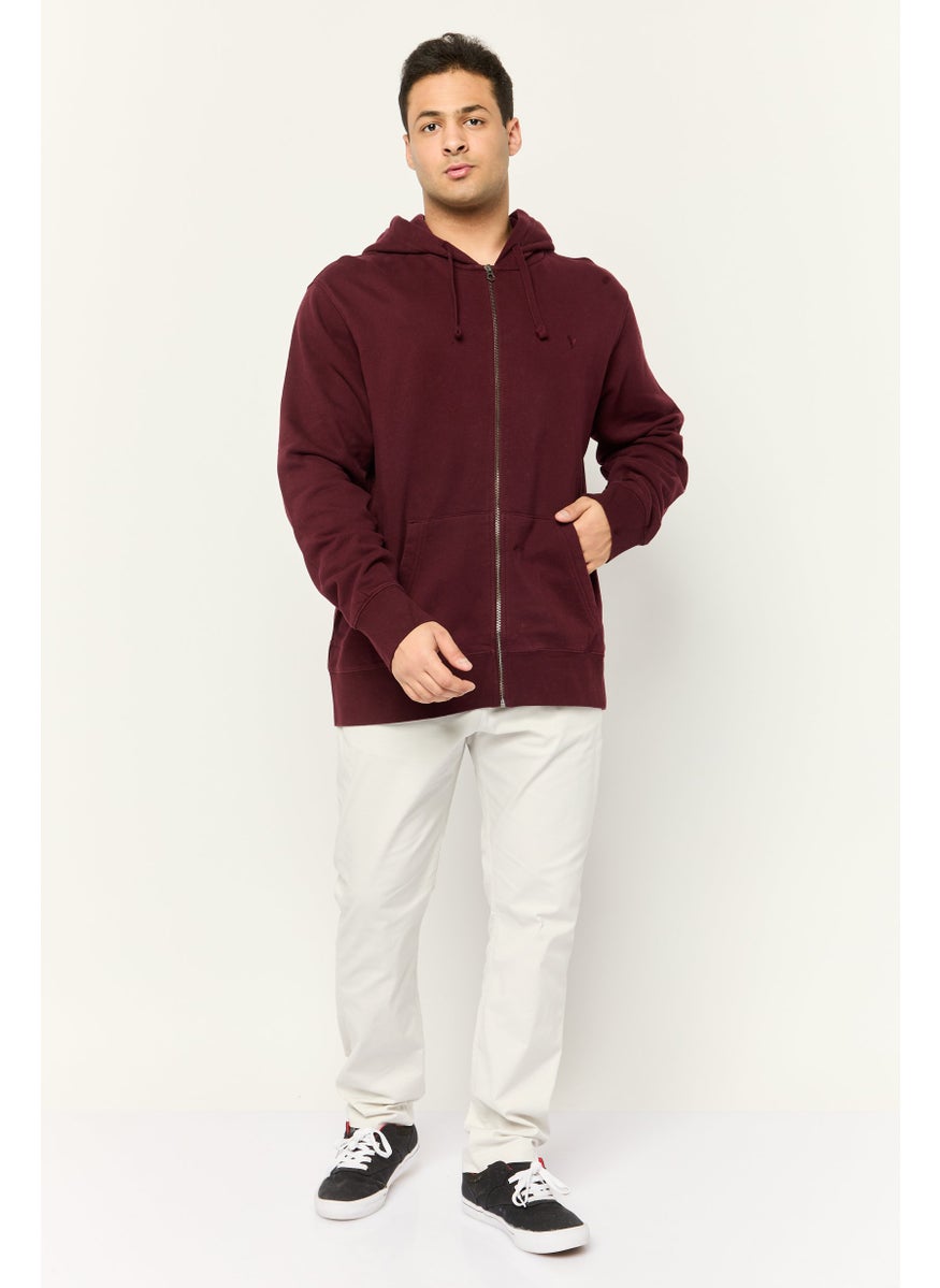 Men Embroidered Logo Long Sleeve Full Zip Hoodie, Maroon