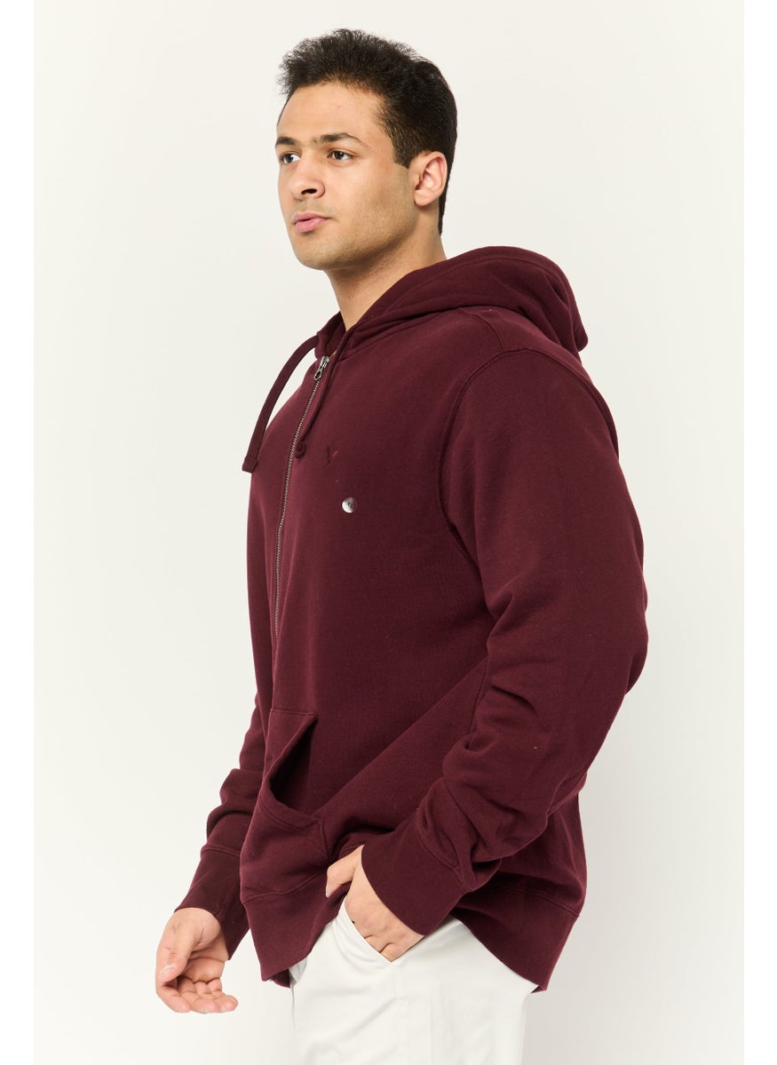 Men Embroidered Logo Long Sleeve Full Zip Hoodie, Maroon