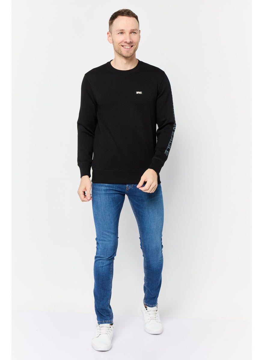 Men Crew Neck Long Sleeve Brand Logo Sweatshirt, Black