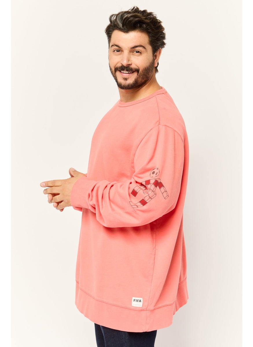 Men Crew Neck Graphic Print Long Sleeve Sweatshirts, Coral