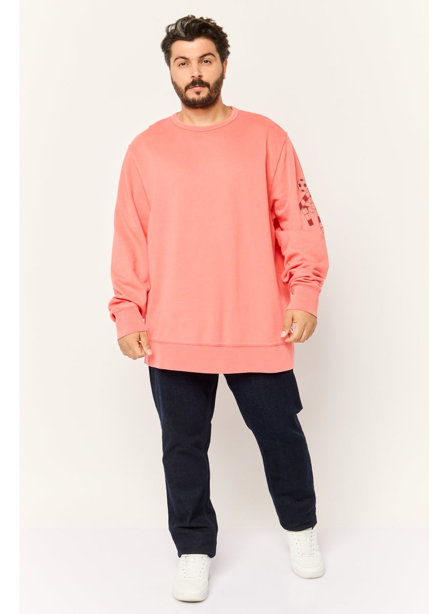 Men Crew Neck Graphic Print Long Sleeve Sweatshirts, Coral