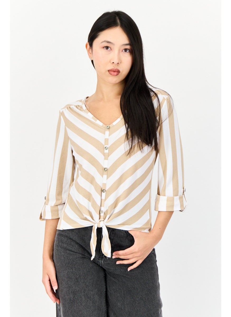 Women V Neck 3/4 Sleeve Striped Blouse, Multicolor