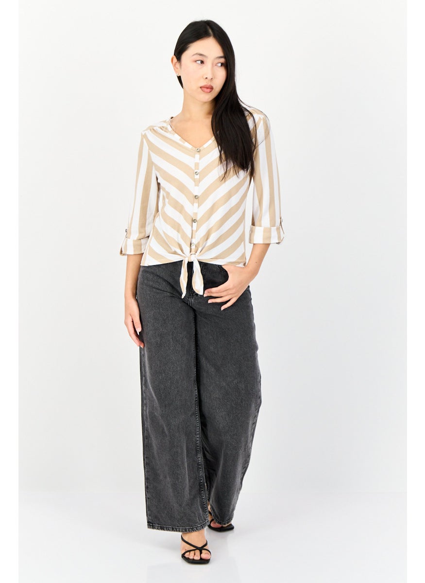 Women V Neck 3/4 Sleeve Striped Blouse, Multicolor