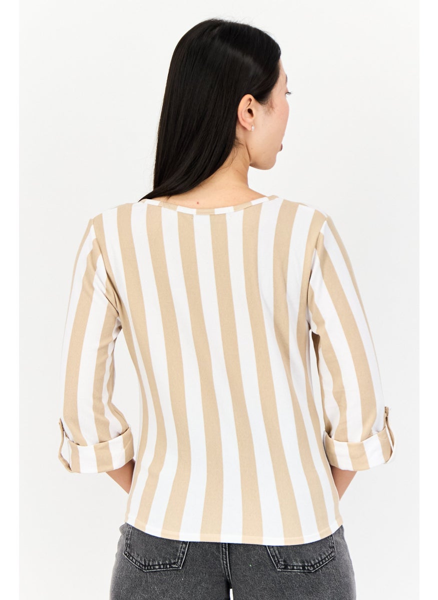 Women V Neck 3/4 Sleeve Striped Blouse, Multicolor