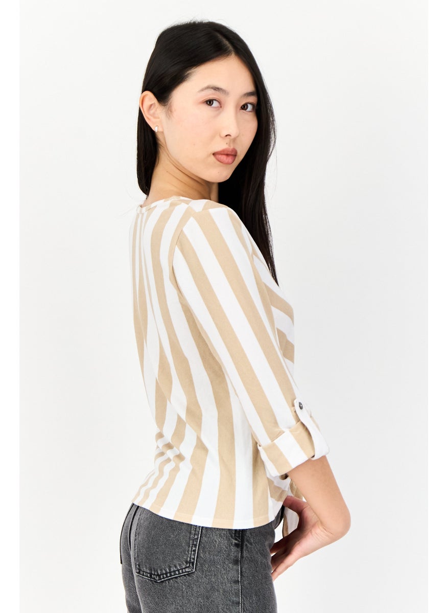 Women V Neck 3/4 Sleeve Striped Blouse, Multicolor