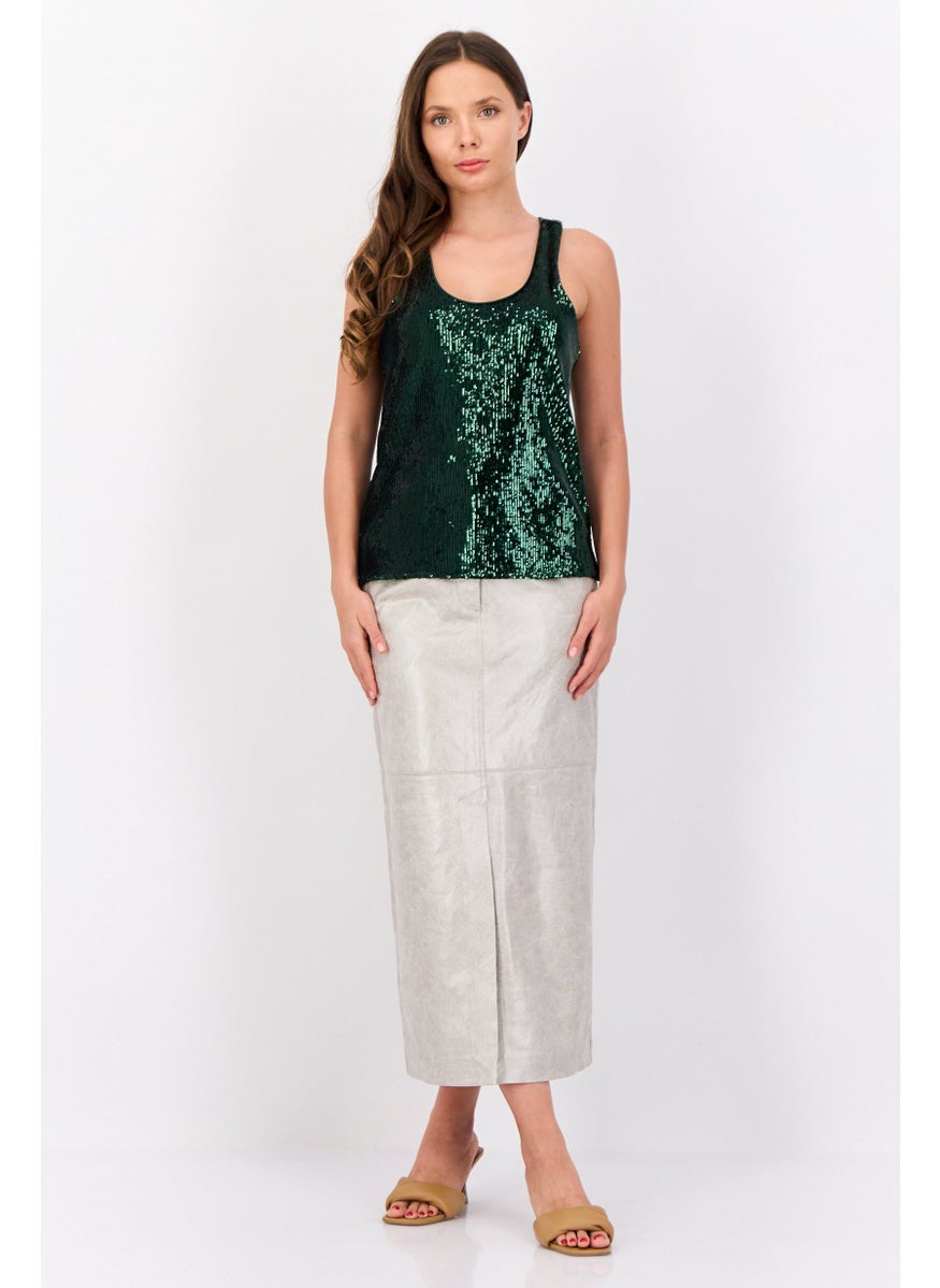 Women Scoop Neck Sleeveless Sequined Tank Top, Green
