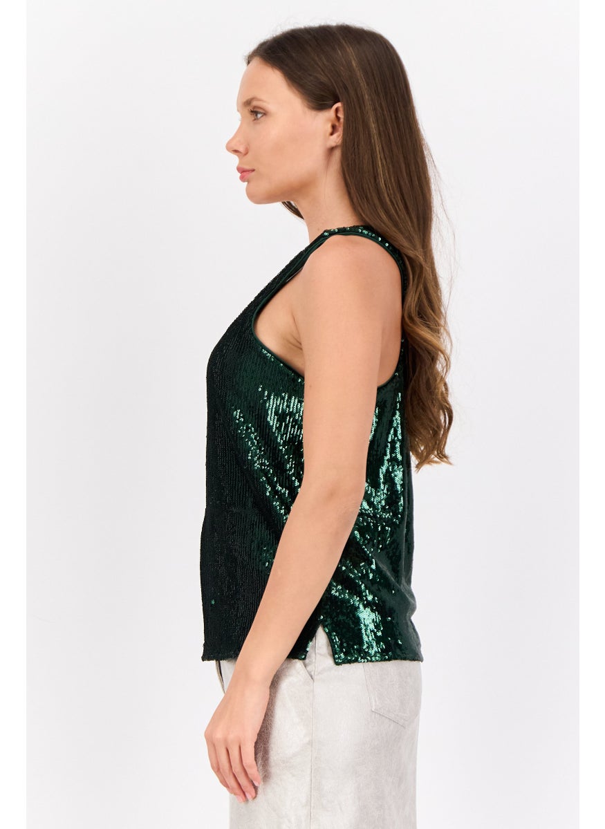 Women Scoop Neck Sleeveless Sequined Tank Top, Green