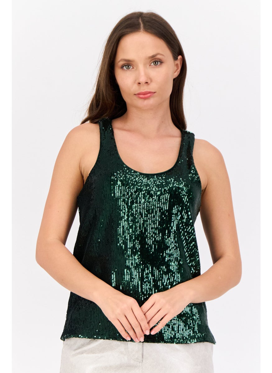 Women Scoop Neck Sleeveless Sequined Tank Top, Green