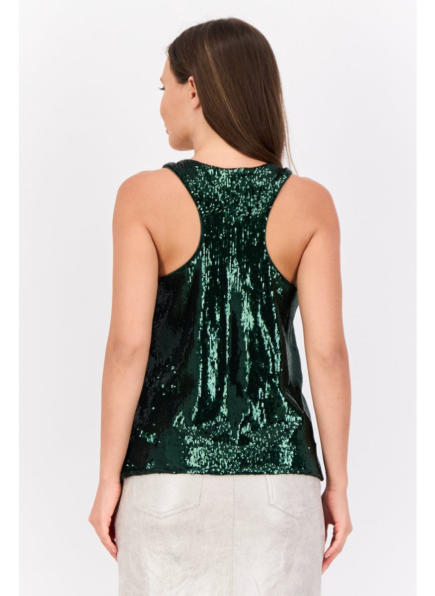 Women Scoop Neck Sleeveless Sequined Tank Top, Green