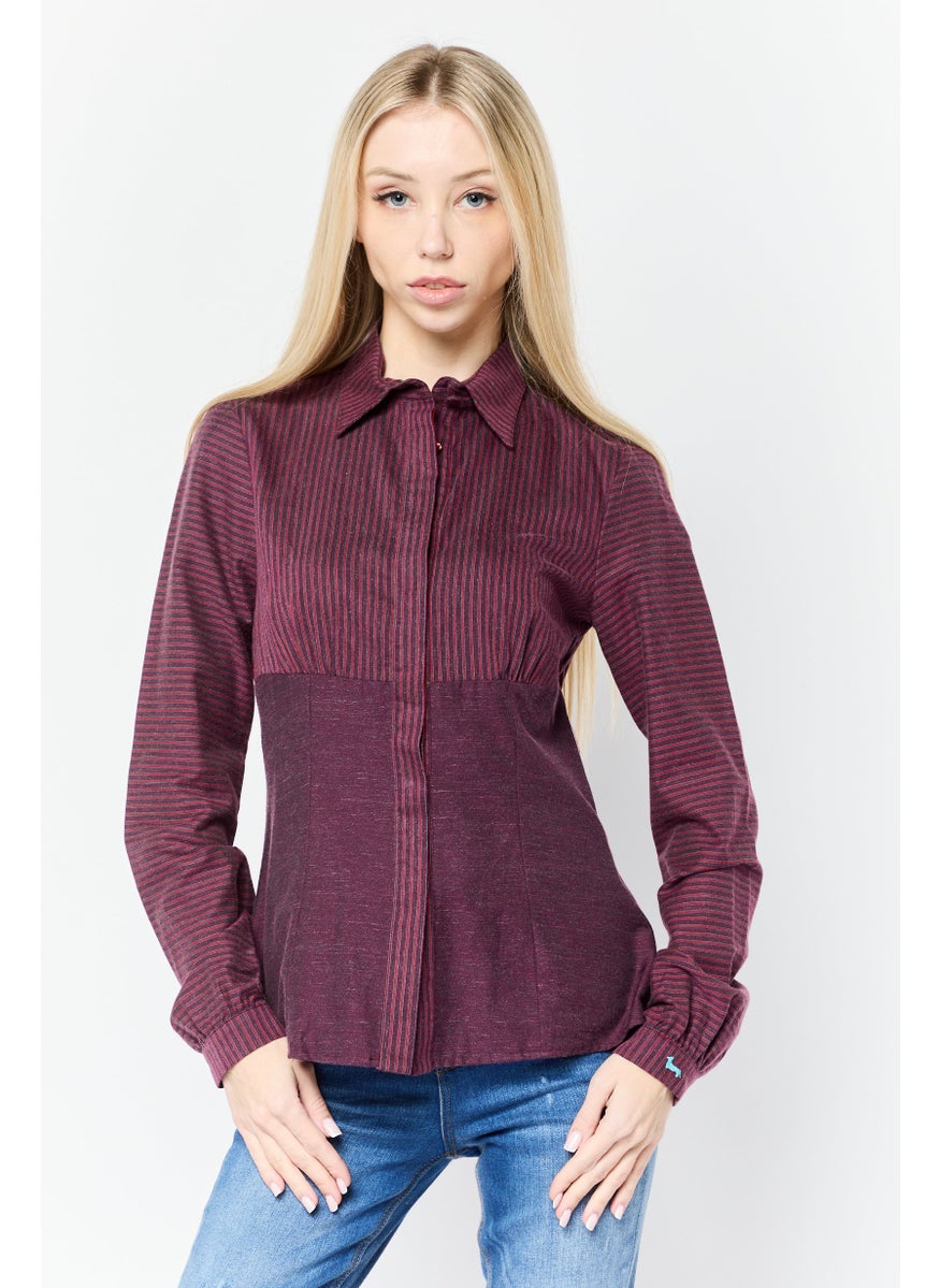 Women Pointed Collar Long Sleeve Stripe Shirts, Maroon