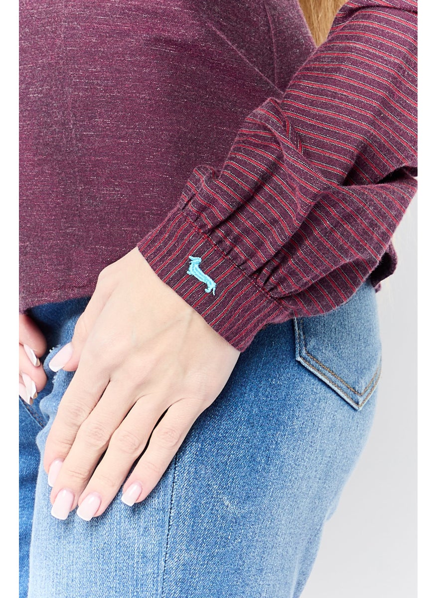 Women Pointed Collar Long Sleeve Stripe Shirts, Maroon