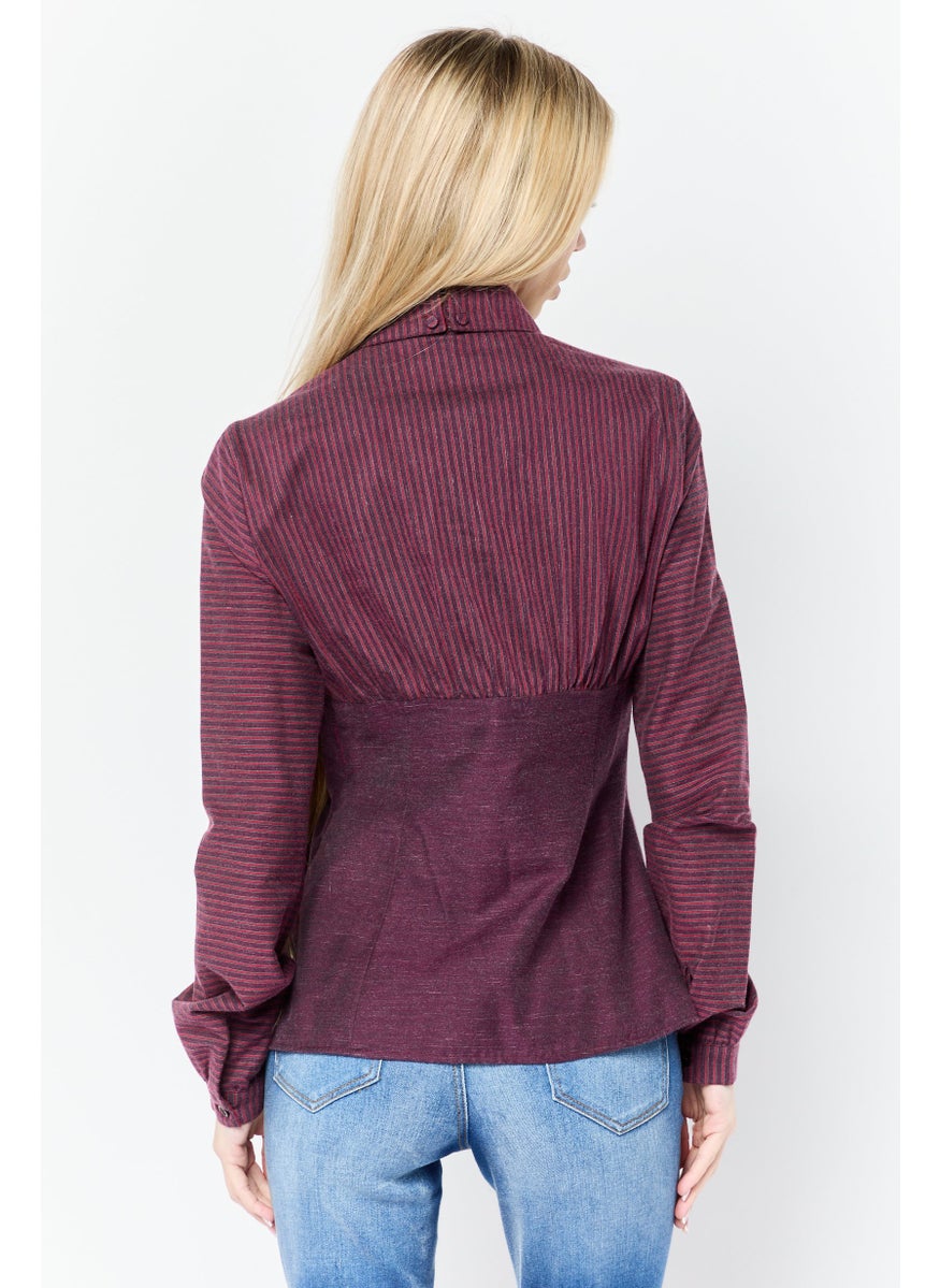 Women Pointed Collar Long Sleeve Stripe Shirts, Maroon