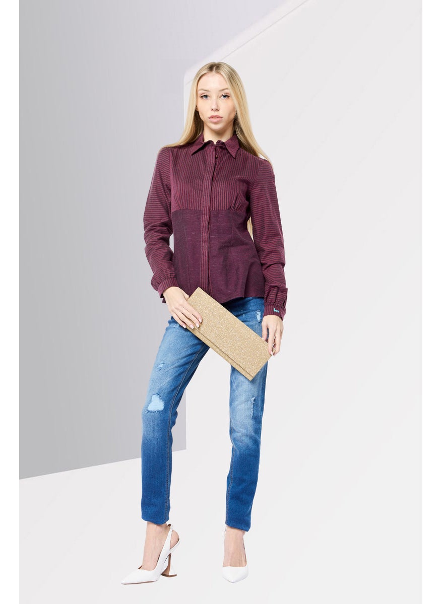 Women Pointed Collar Long Sleeve Stripe Shirts, Maroon
