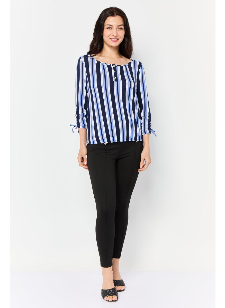 Women Round Neck 3/4 Sleeve Stripe Blouse, Multicolor