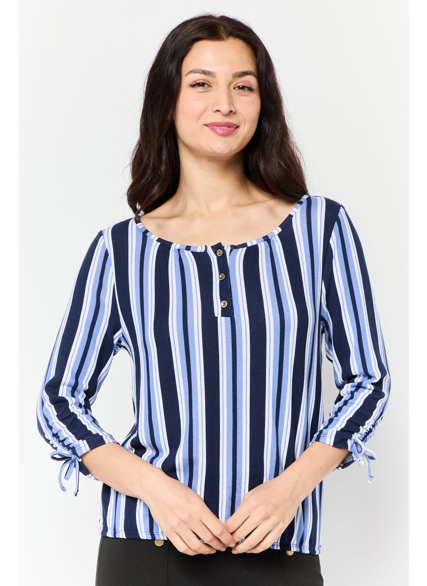 Women Round Neck 3/4 Sleeve Stripe Blouse, Multicolor