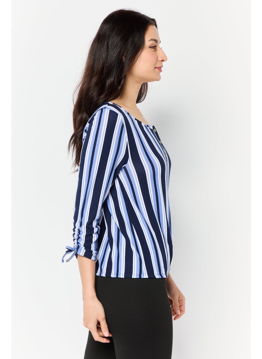 Women Round Neck 3/4 Sleeve Stripe Blouse, Multicolor