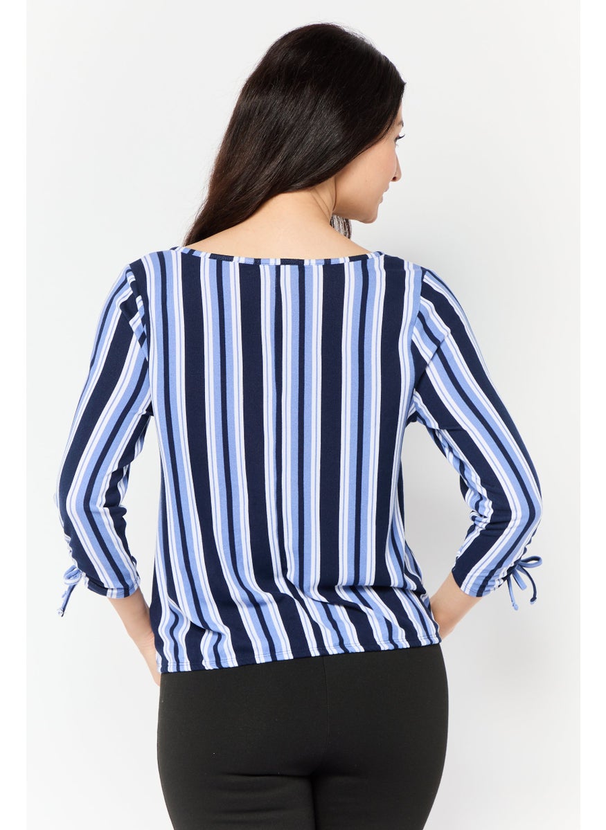 Women Round Neck 3/4 Sleeve Stripe Blouse, Multicolor