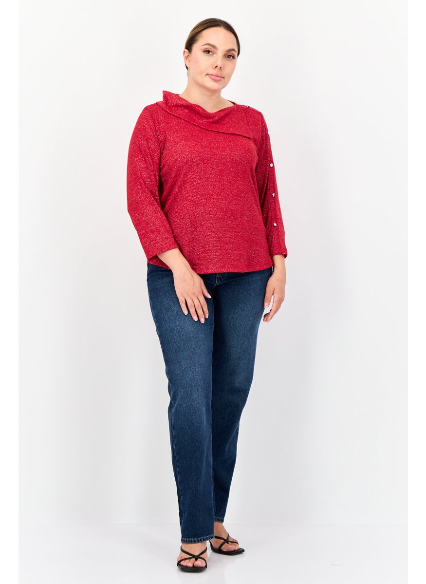 Women Mock Neck 3/4 Sleeves Metallic Blouse, Red