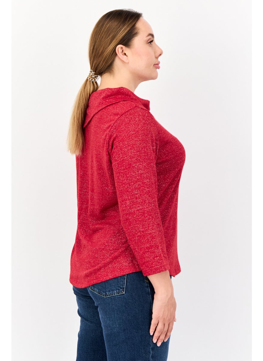 Women Mock Neck 3/4 Sleeves Metallic Blouse, Red