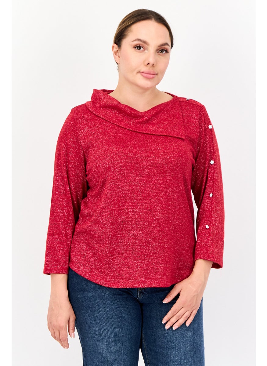Women Mock Neck 3/4 Sleeves Metallic Blouse, Red
