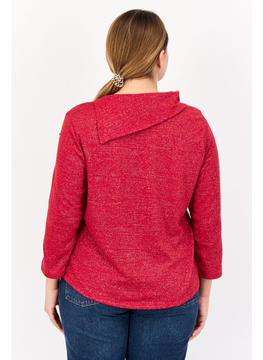 Women Mock Neck 3/4 Sleeves Metallic Blouse, Red