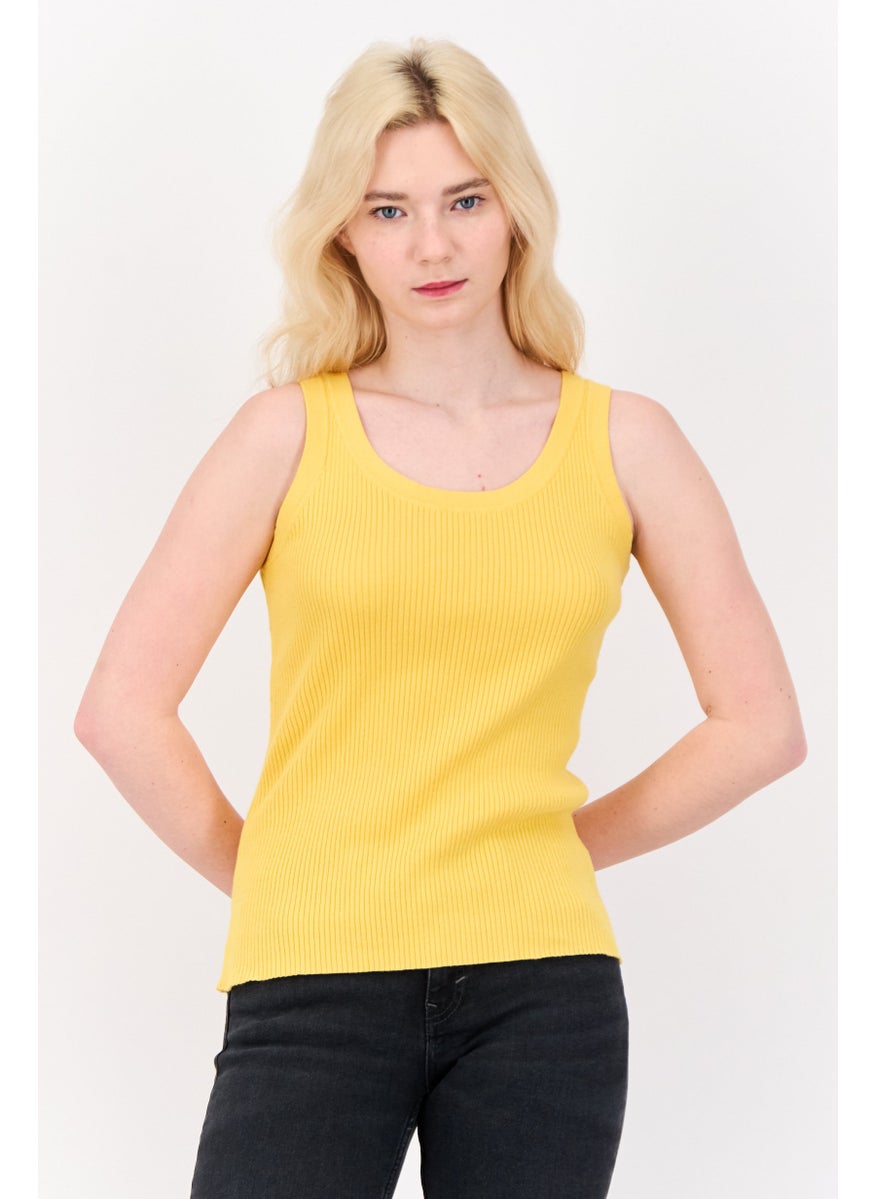Women Round Neck Ribbed Sleeveless Tops, Yellow