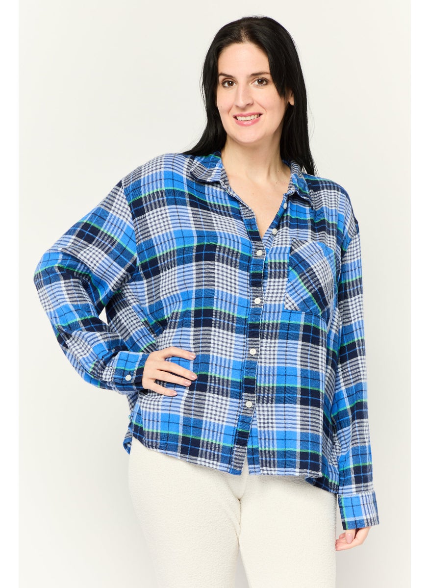 Women Spread Collar Long Sleeve Checkered Top, Multicolor
