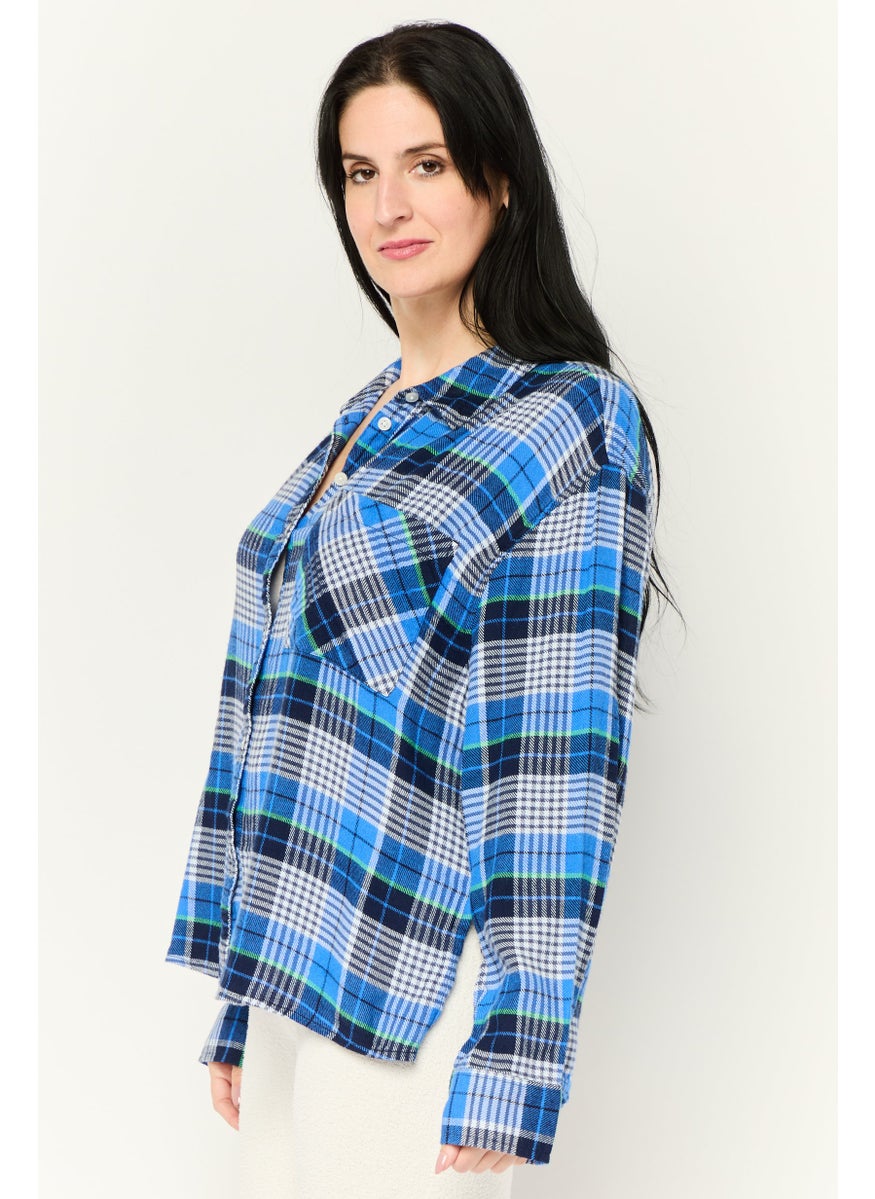 Women Spread Collar Long Sleeve Checkered Top, Multicolor