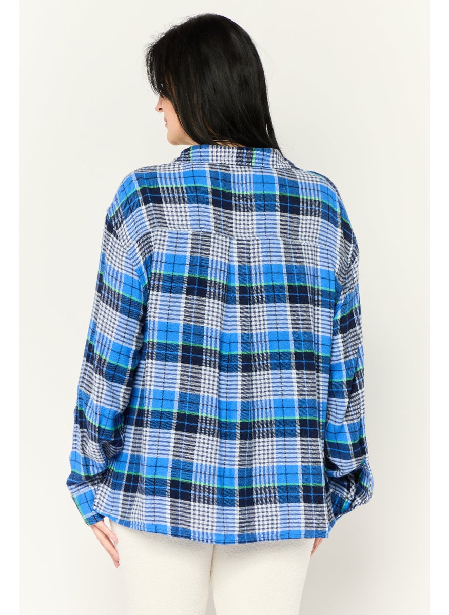 Women Spread Collar Long Sleeve Checkered Top, Multicolor