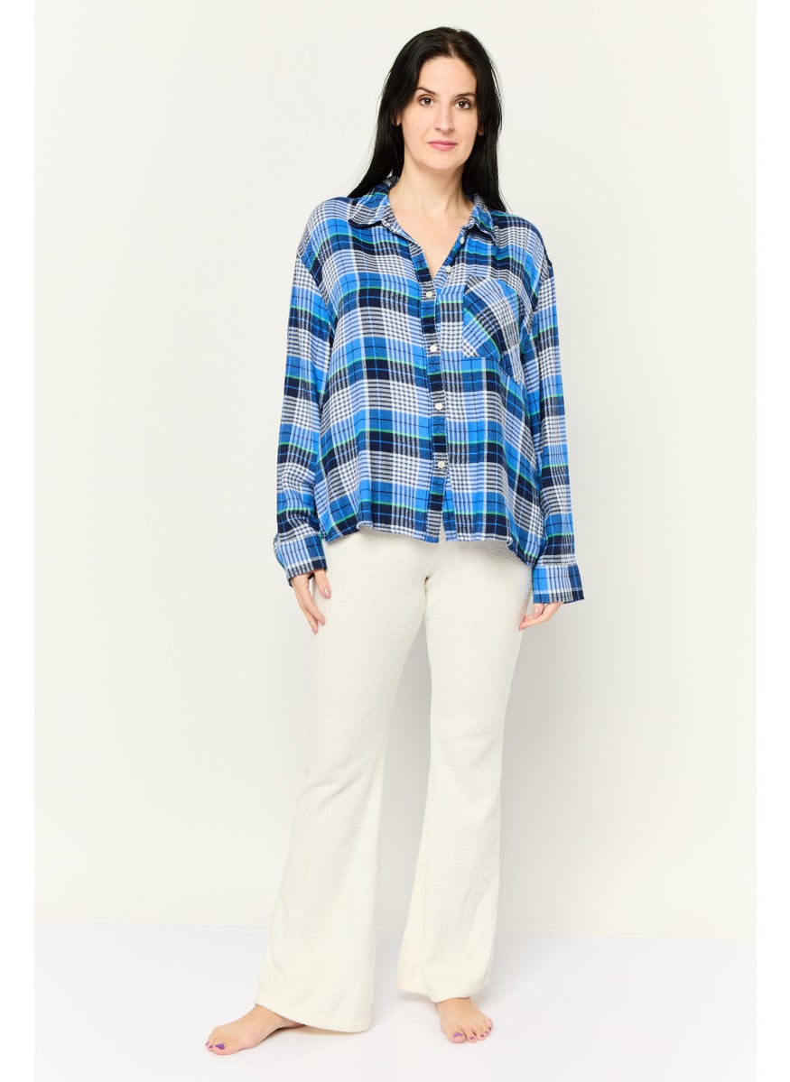 Women Spread Collar Long Sleeve Checkered Top, Multicolor