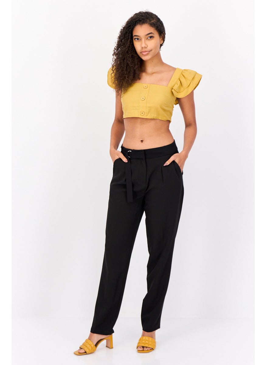 Women Square Neck Short Sleeve Solid Blouse, Yellow