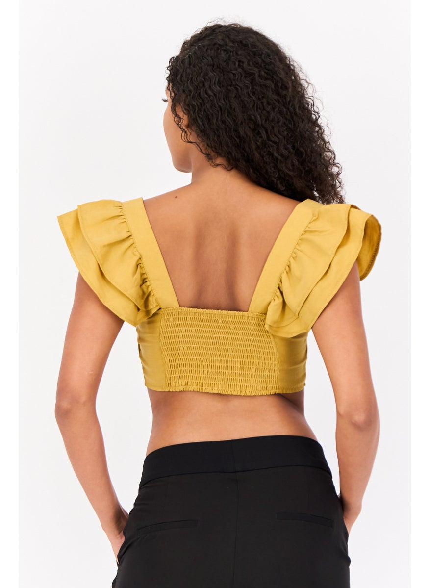 Women Square Neck Short Sleeve Solid Blouse, Yellow