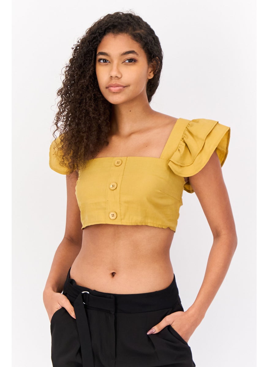 Women Square Neck Short Sleeve Solid Blouse, Yellow