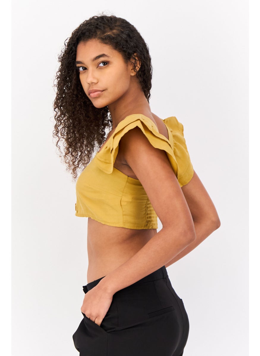 Women Square Neck Short Sleeve Solid Blouse, Yellow