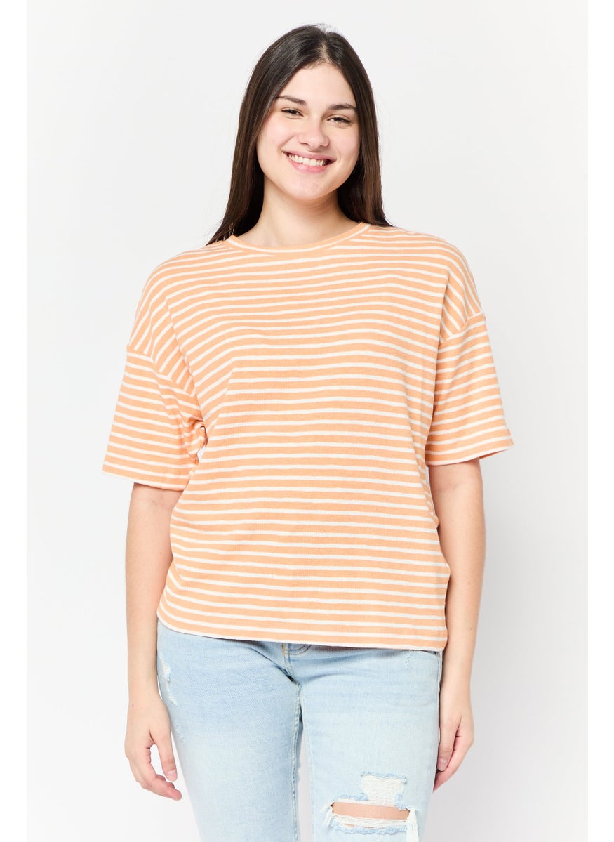 Women Crew Neck Short Sleeves Yarn Dye T-Shirt, Multicolor