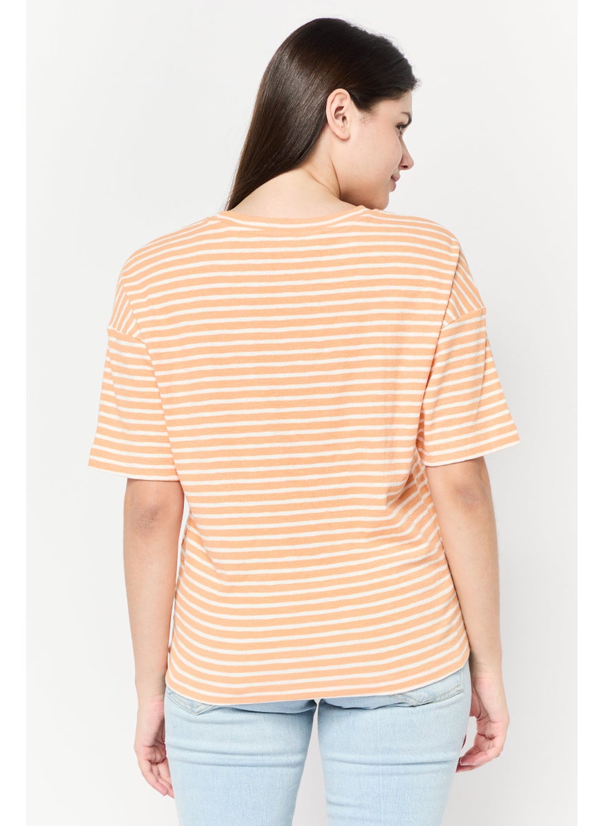 Women Crew Neck Short Sleeves Yarn Dye T-Shirt, Multicolor