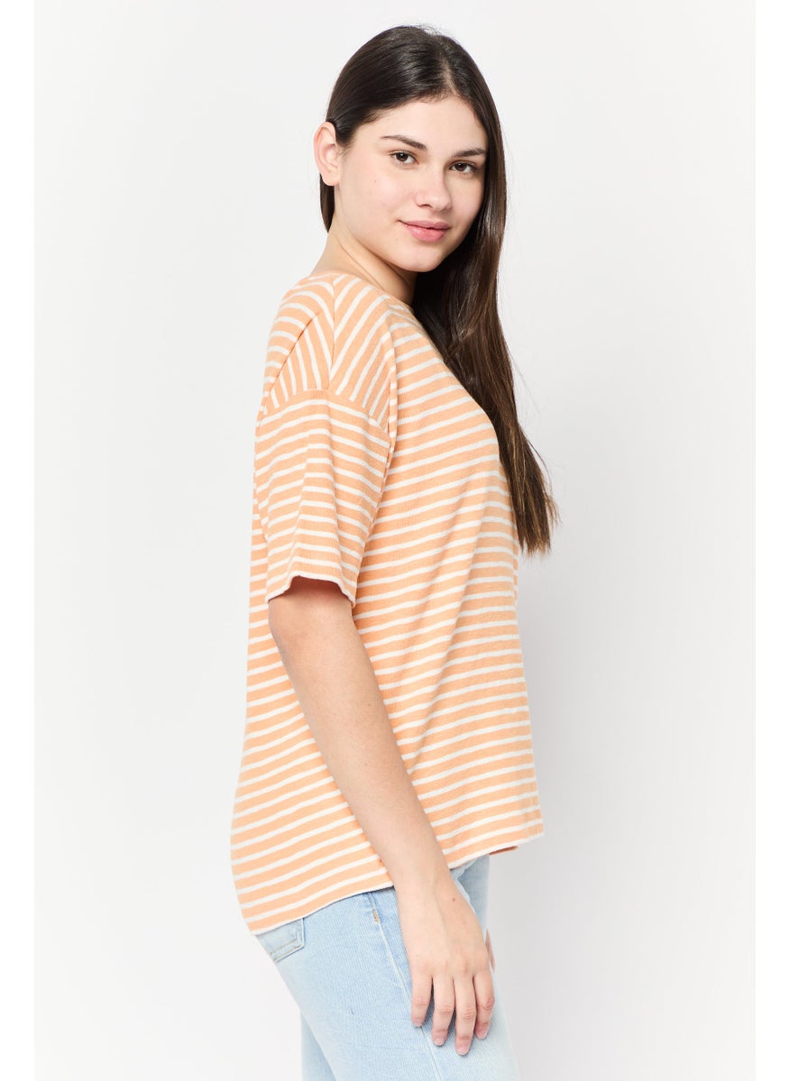 Women Crew Neck Short Sleeves Yarn Dye T-Shirt, Multicolor
