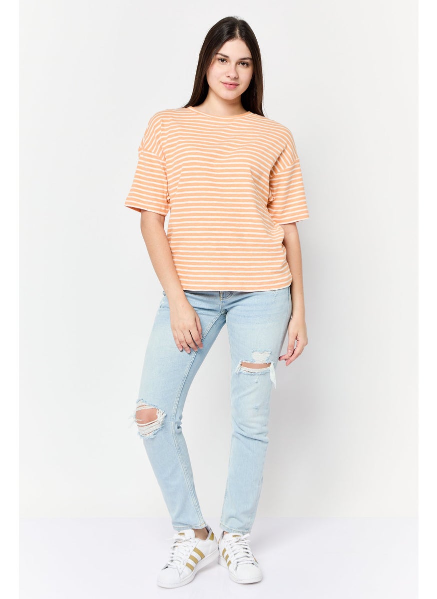 Women Crew Neck Short Sleeves Yarn Dye T-Shirt, Multicolor